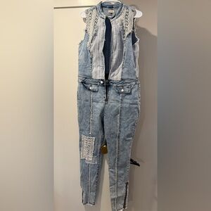 POL Light Blue Denim Women's Overalls with Crochet Panel